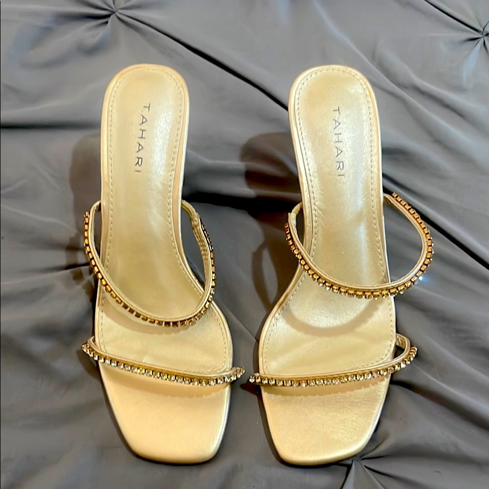 Tahari Gold Heeled Sandals with Chain Detailing